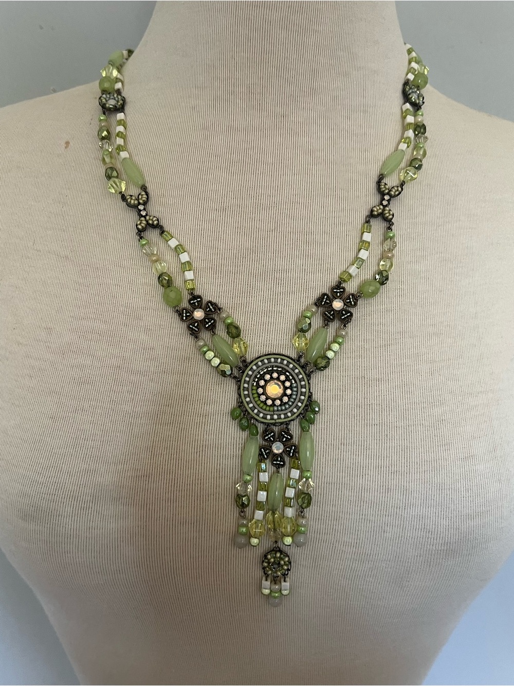 Ayala Bar Green Multi-Bead Pendant Fringe Necklace